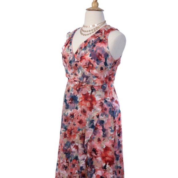 Cupio Sleeveless Ruffled Front Wrap Dress Lined Midi High-Low - Picture 4 of 7